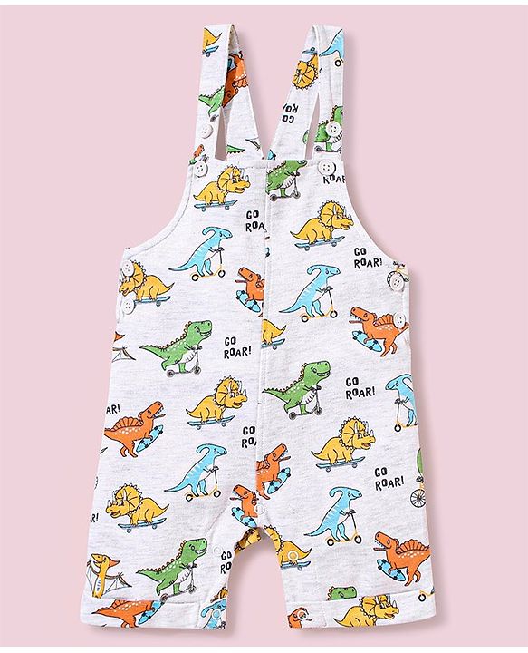 Babyhug Cotton Dungaree and Half Sleeves T-Shirt Set Dino Print - Light Blue White