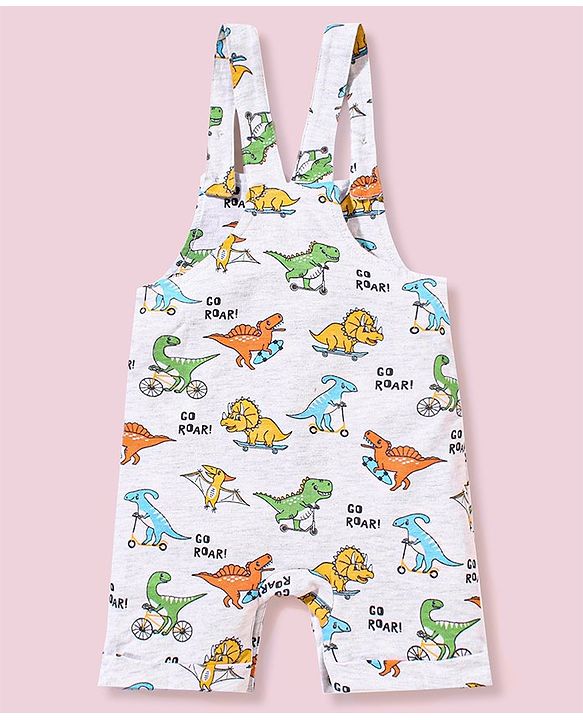 Babyhug Cotton Dungaree and Half Sleeves T-Shirt Set Dino Print - Light Blue White