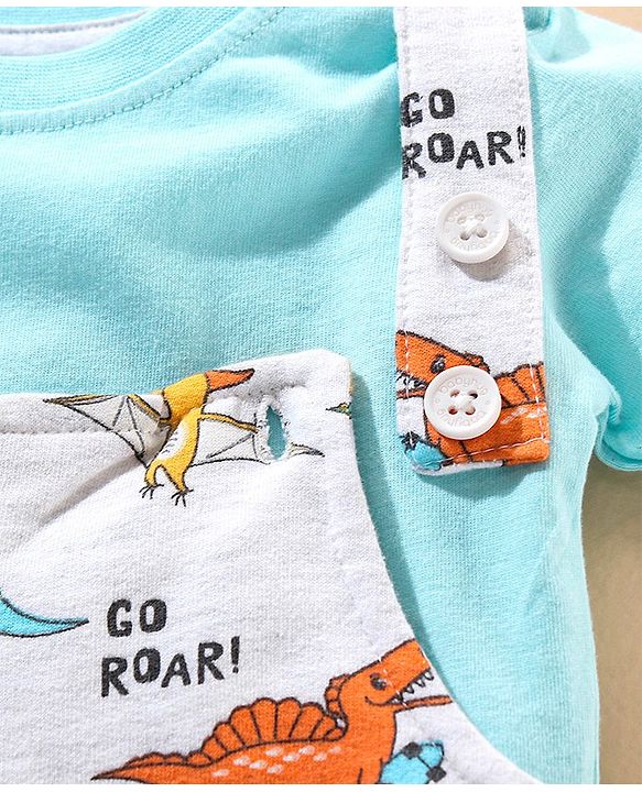 Babyhug Cotton Dungaree and Half Sleeves T-Shirt Set Dino Print - Light Blue White