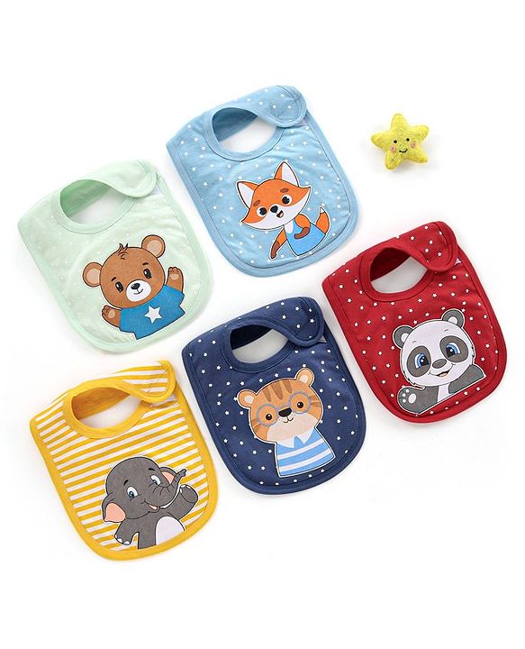 Babyhug Bib Velcro Closure  Animal Print Pack of 5 - Multicolour