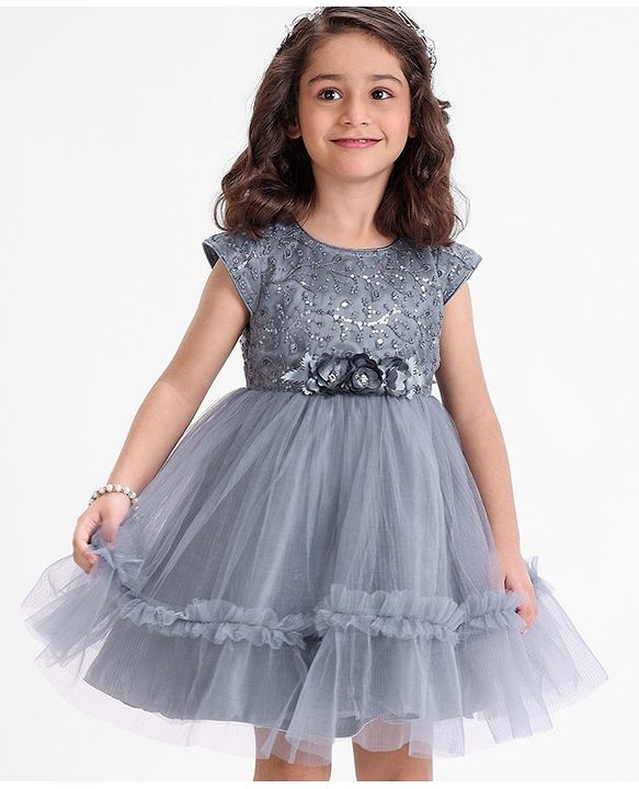 Babyhug Sleeveless Party Wear Frock With Floral Corsage and Sequin Embroidery - Grey
