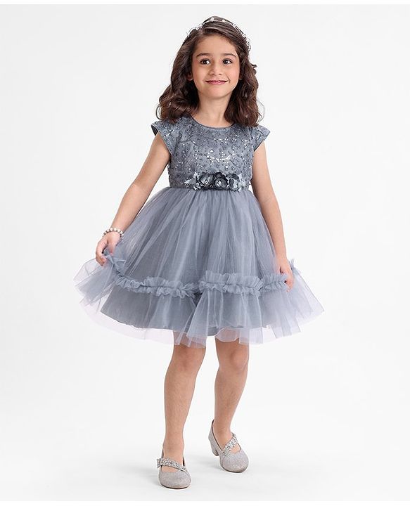 Babyhug Sleeveless Party Wear Frock With Floral Corsage and Sequin Embroidery - Grey