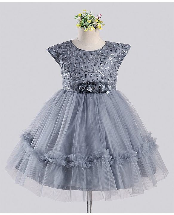 Babyhug Sleeveless Party Wear Frock With Floral Corsage and Sequin Embroidery - Grey