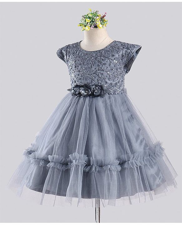 Babyhug Sleeveless Party Wear Frock With Floral Corsage and Sequin Embroidery - Grey