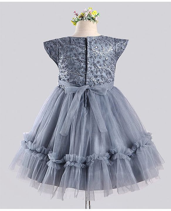 Babyhug Sleeveless Party Wear Frock With Floral Corsage and Sequin Embroidery - Grey