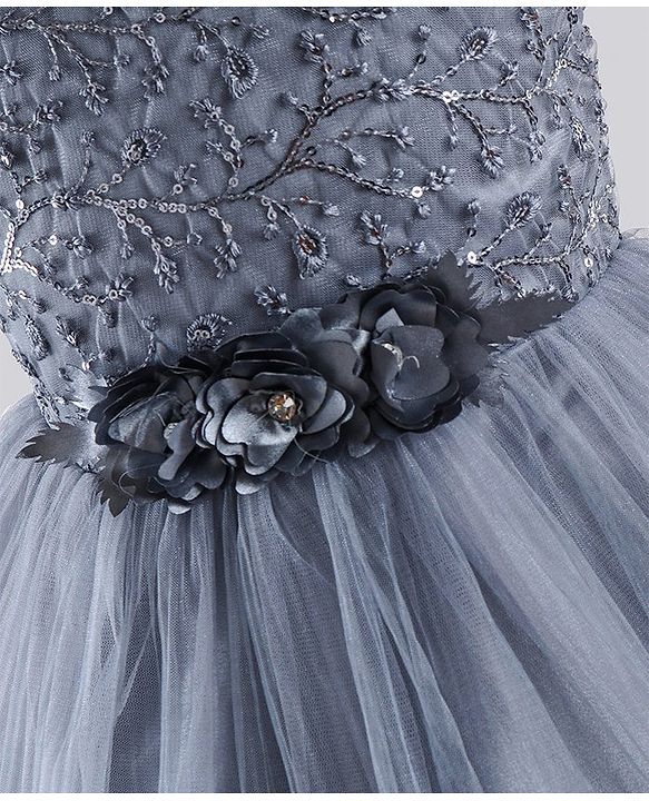 Babyhug Sleeveless Party Wear Frock With Floral Corsage and Sequin Embroidery - Grey