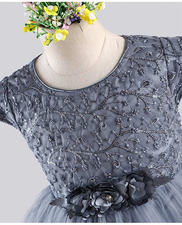Babyhug Sleeveless Party Wear Frock With Floral Corsage and Sequin Embroidery - Grey