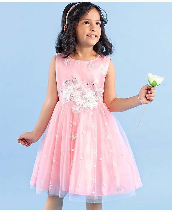 Babyhug Sleeveless Party Wear Frock with Floral Applique - Pink