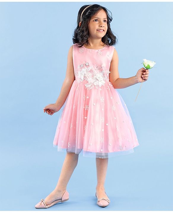 Babyhug Sleeveless Party Wear Frock with Floral Applique - Pink