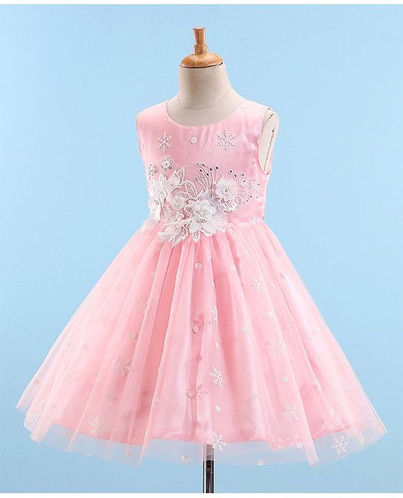 Babyhug Sleeveless Party Wear Frock with Floral Applique - Pink