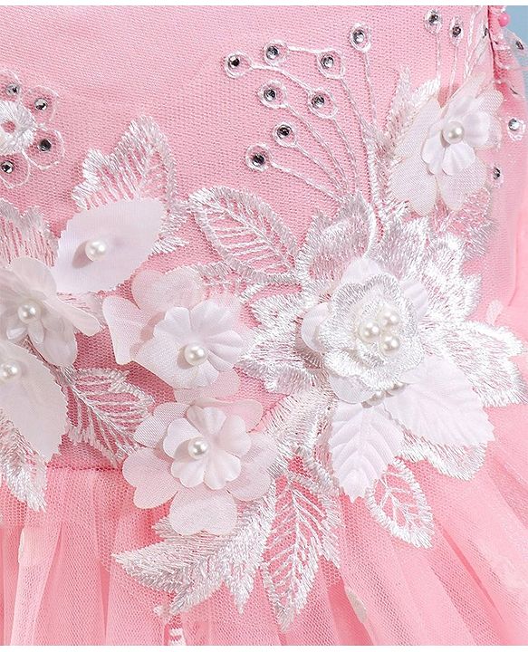 Babyhug Sleeveless Party Wear Frock with Floral Applique - Pink