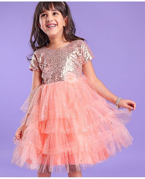 Babyhug Woven Half Sleeves Party Dress with Net & Sequin Embellished - Peach