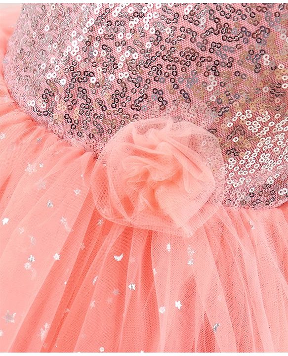 Babyhug Woven Half Sleeves Party Dress with Net & Sequin Embellished - Peach