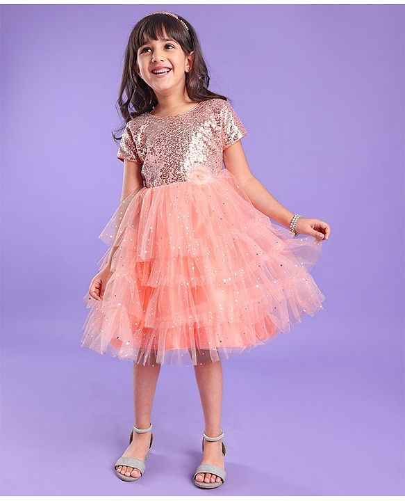 Babyhug Woven Half Sleeves Party Dress with Net & Sequin Embellished - Peach