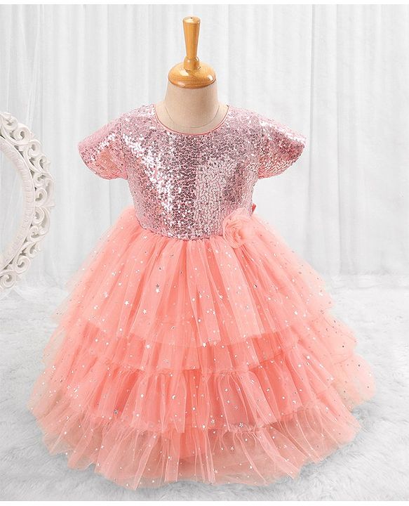 Babyhug Woven Half Sleeves Party Dress with Net & Sequin Embellished - Peach