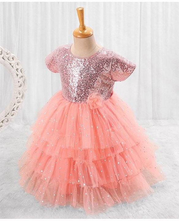 Babyhug Woven Half Sleeves Party Dress with Net & Sequin Embellished - Peach