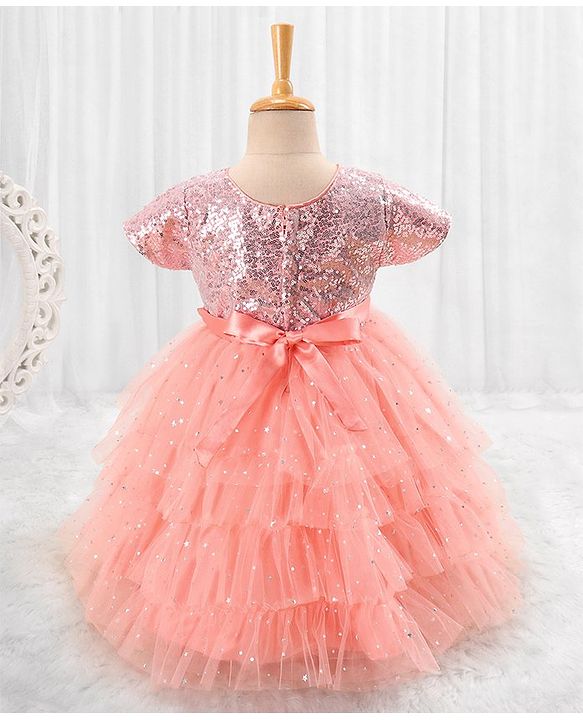 Babyhug Woven Half Sleeves Party Dress with Net & Sequin Embellished - Peach