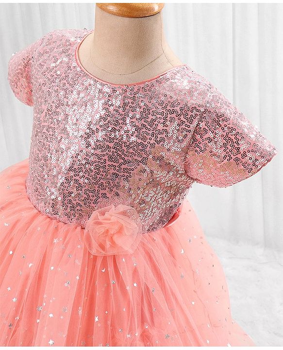 Babyhug Woven Half Sleeves Party Dress with Net & Sequin Embellished - Peach