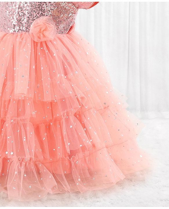 Babyhug Woven Half Sleeves Party Dress with Net & Sequin Embellished - Peach