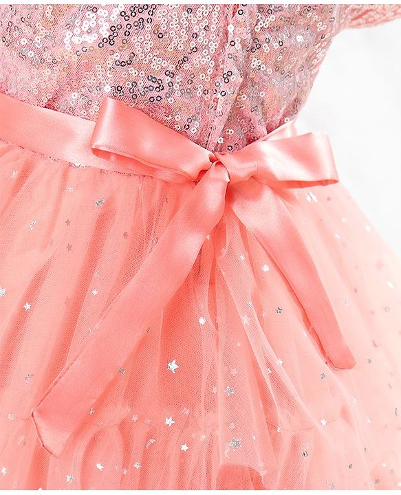 Babyhug Woven Half Sleeves Party Dress with Net & Sequin Embellished - Peach