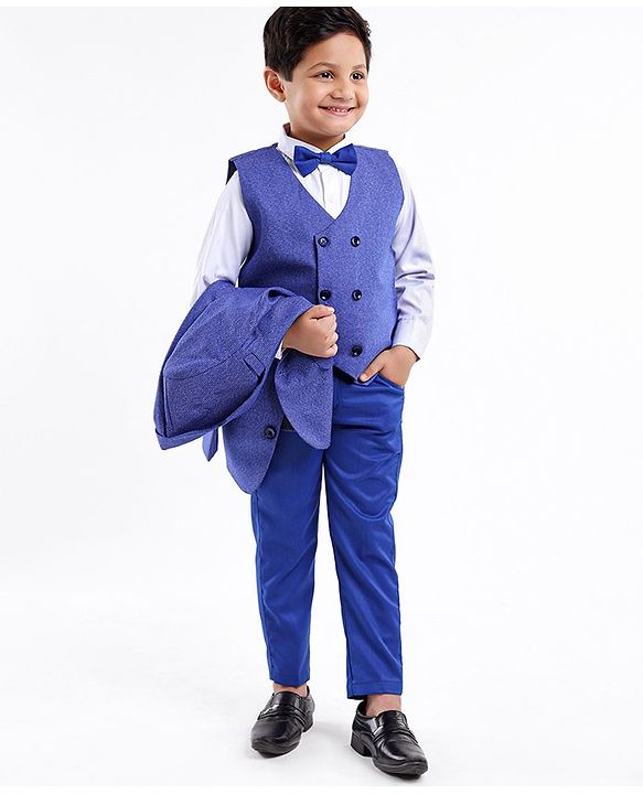 Babyhug Full Sleeves 4 Piece Party Suit With Bow - Royal Blue