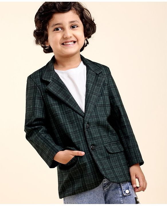 Babyhug Woven Full Sleeves Check Blazer - Green