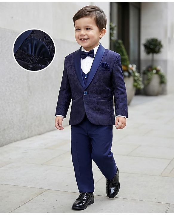 Babyhug Full Sleeves Brocade Party Suit With Blazer Floral Embroidery- Navy Blue