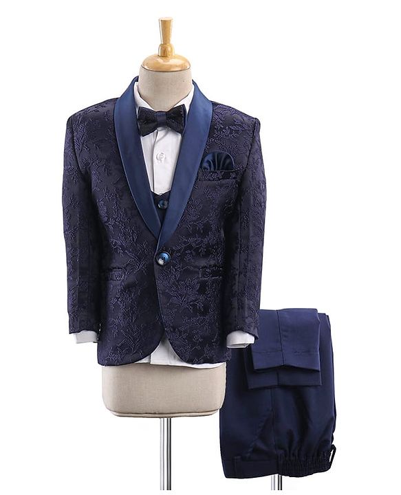 Babyhug Full Sleeves Brocade Party Suit With Blazer Floral Embroidery- Navy Blue
