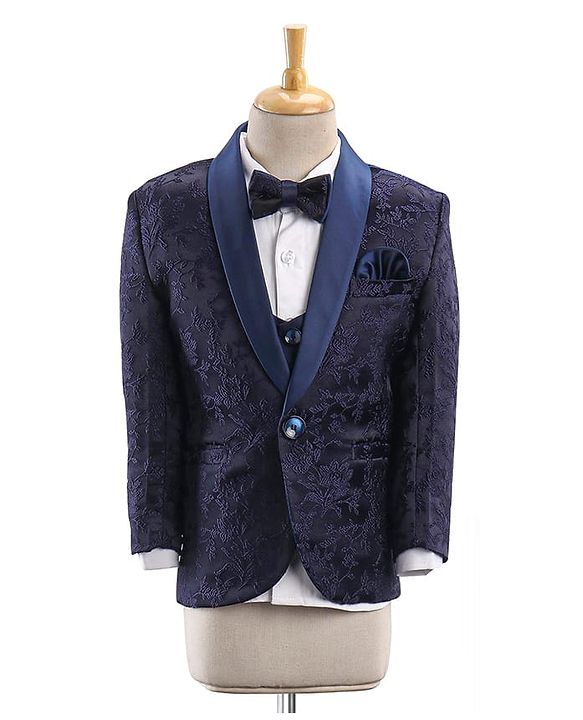 Babyhug Full Sleeves Brocade Party Suit With Blazer Floral Embroidery- Navy Blue