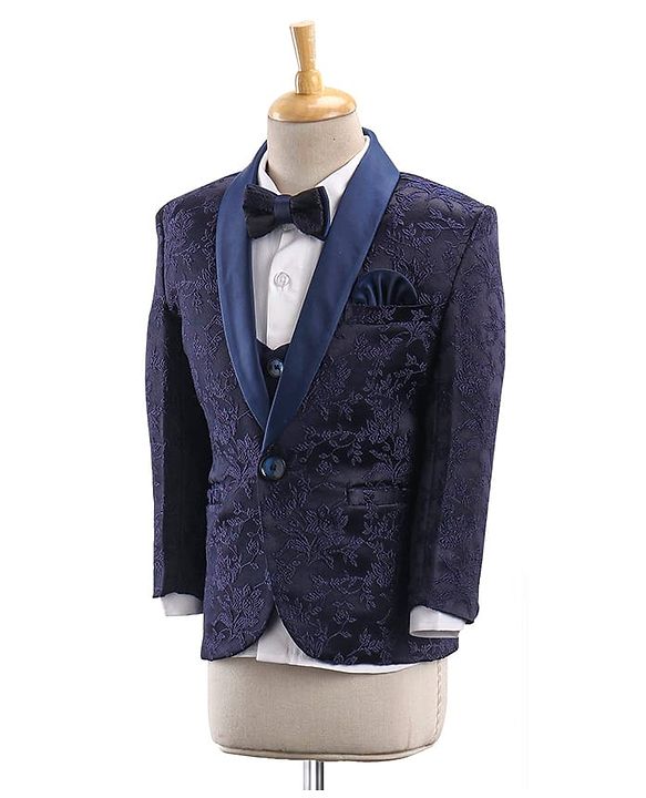 Babyhug Full Sleeves Brocade Party Suit With Blazer Floral Embroidery- Navy Blue