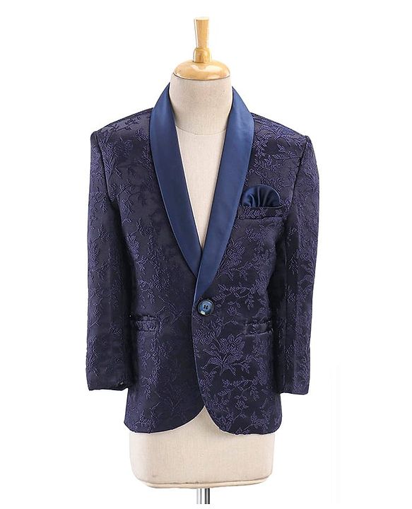 Babyhug Full Sleeves Brocade Party Suit With Blazer Floral Embroidery- Navy Blue