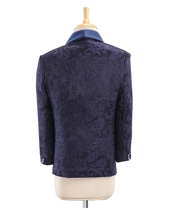 Babyhug Full Sleeves Brocade Party Suit With Blazer Floral Embroidery- Navy Blue