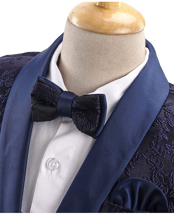 Babyhug Full Sleeves Brocade Party Suit With Blazer Floral Embroidery- Navy Blue