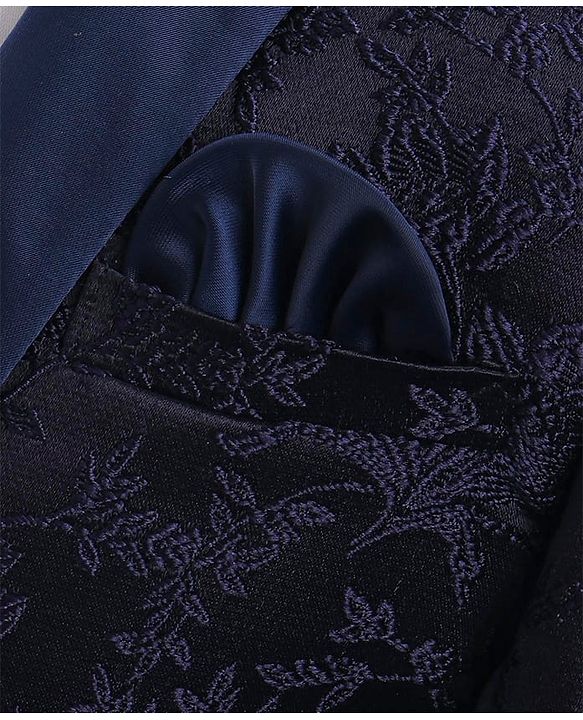 Babyhug Full Sleeves Brocade Party Suit With Blazer Floral Embroidery- Navy Blue