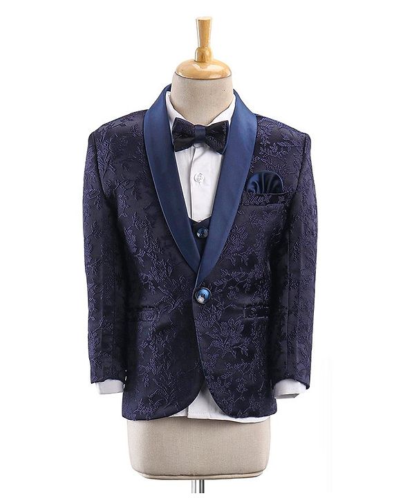 Babyhug Full Sleeves Brocade Party Suit With Blazer Floral Embroidery- Navy Blue