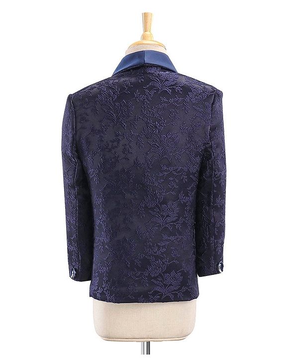 Babyhug Full Sleeves Brocade Party Suit With Blazer Floral Embroidery- Navy Blue