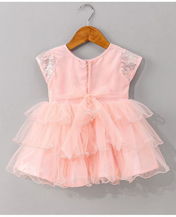 Babyhug Woven Sleeveless Party Dress with Sequin Yoke & Bow Applique - Peach