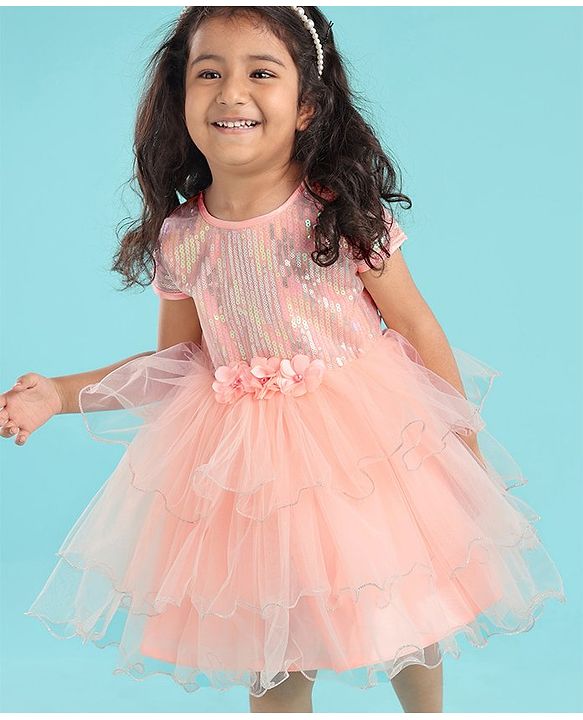Babyhug Woven Sleeveless Party Dress with Sequin Yoke & Bow Applique - Peach