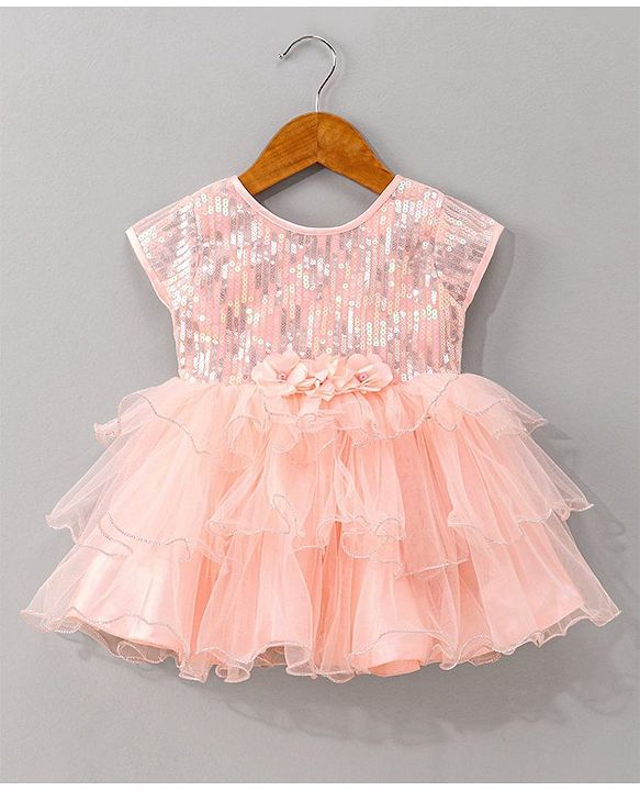 Babyhug Woven Sleeveless Party Dress with Sequin Yoke & Bow Applique - Peach