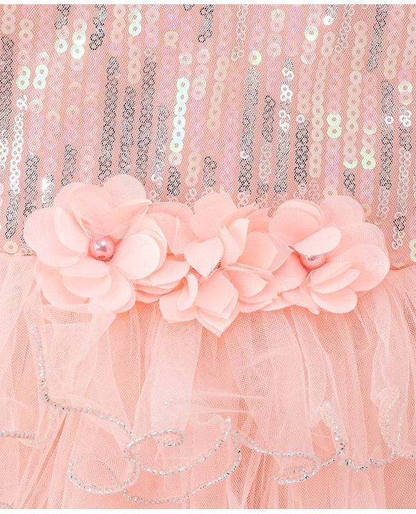 Babyhug Woven Sleeveless Party Dress with Sequin Yoke & Bow Applique - Peach