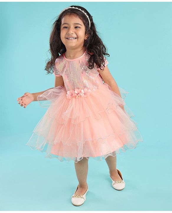 Babyhug Woven Sleeveless Party Dress with Sequin Yoke & Bow Applique - Peach