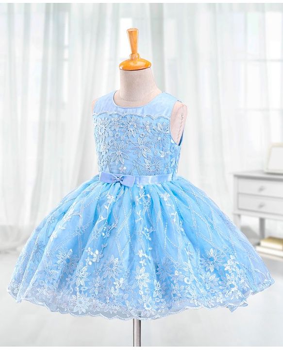 Babyhug Sleeveless Embroidered Party Frock with Bow - Blue