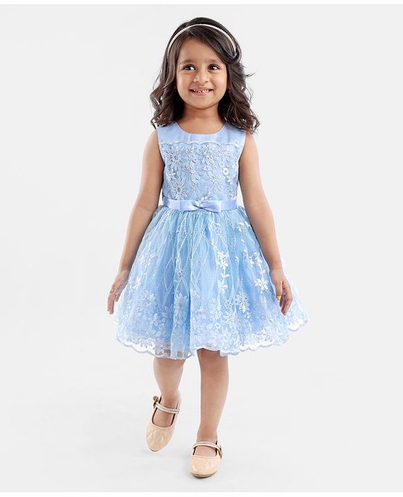 Babyhug Sleeveless Embroidered Party Frock with Bow - Blue