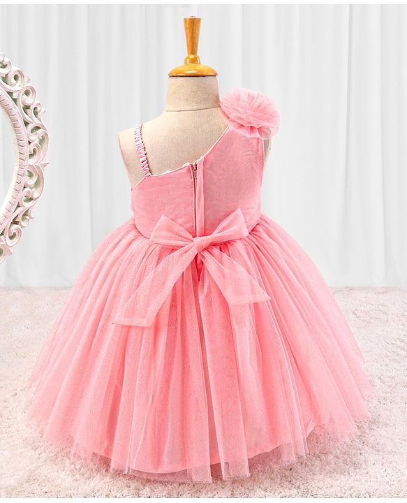 Babyhug Sleeveless Glitter & Pearl Embellished Woven Party Dress with Floral Corsage - Peach