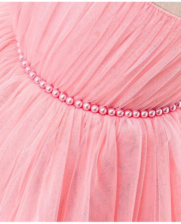Babyhug Sleeveless Glitter & Pearl Embellished Woven Party Dress with Floral Corsage - Peach