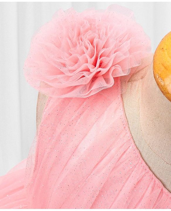 Babyhug Sleeveless Glitter & Pearl Embellished Woven Party Dress with Floral Corsage - Peach
