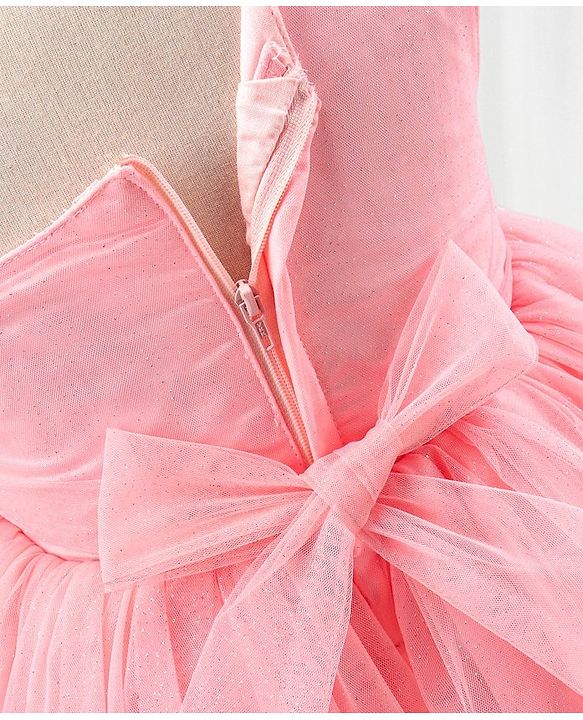Babyhug Sleeveless Glitter & Pearl Embellished Woven Party Dress with Floral Corsage - Peach