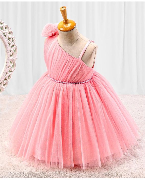 Babyhug Sleeveless Glitter & Pearl Embellished Woven Party Dress with Floral Corsage - Peach