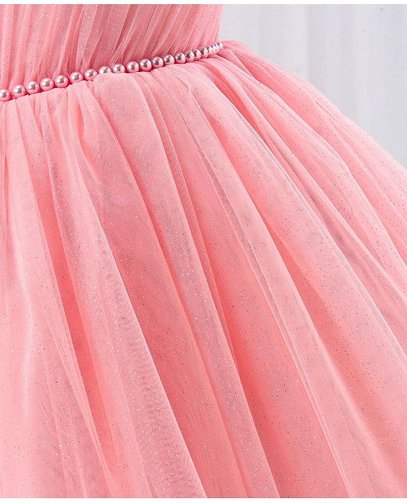Babyhug Sleeveless Glitter & Pearl Embellished Woven Party Dress with Floral Corsage - Peach