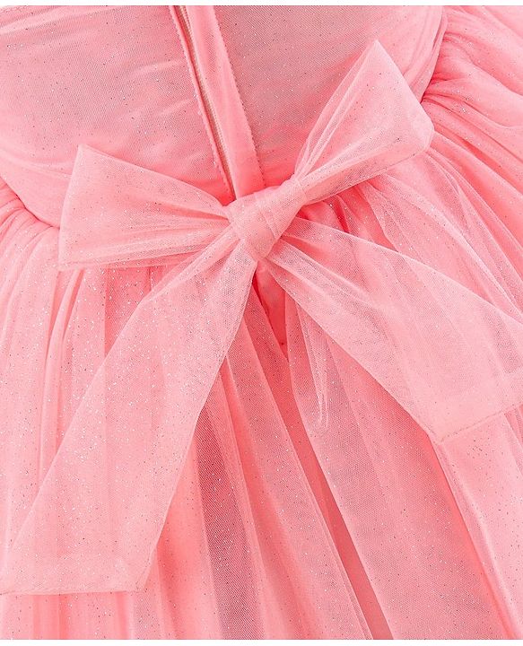 Babyhug Sleeveless Glitter & Pearl Embellished Woven Party Dress with Floral Corsage - Peach